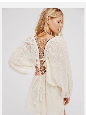 Free People Ivory Long Sleeve Embroidered Mini Dress